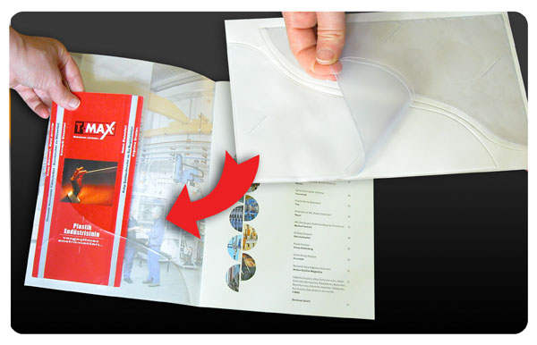 Çıkartma (sticker) şeklindeki dosya cebi, katalog, broşür ve dosya gibi ürünlerinize cep eklemenizi sağlar
