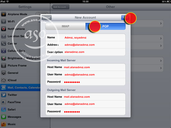 ipad email ayarları, ipad email setting, ipad email kurulumu, eposta 6