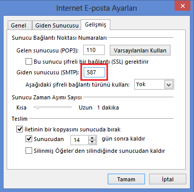 microsoft outlook 2013 email ayarları giden sunucu portu 587