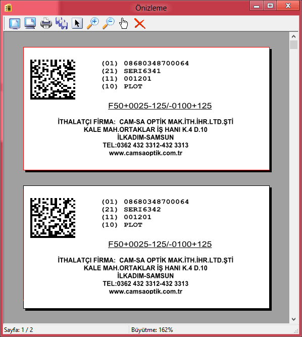 Optik Karekod barkod örnek, datamatrix barkod etiket örneği