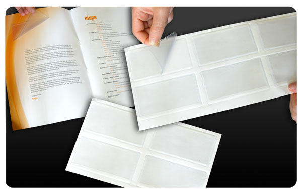 Self-adhesive business card holders are a very practical product for attaching business cards to products such as catalogs, brochures, files, folders.