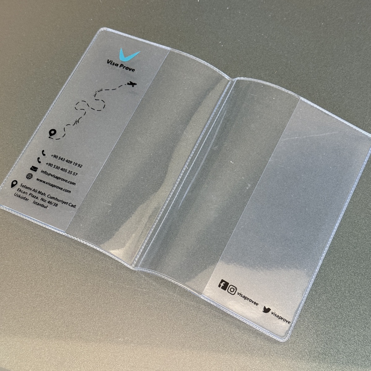 Visa Prove İçin Özel Üretim: Logo ve Adres Baskılı Şeffaf PVC Ruhsat Kabı