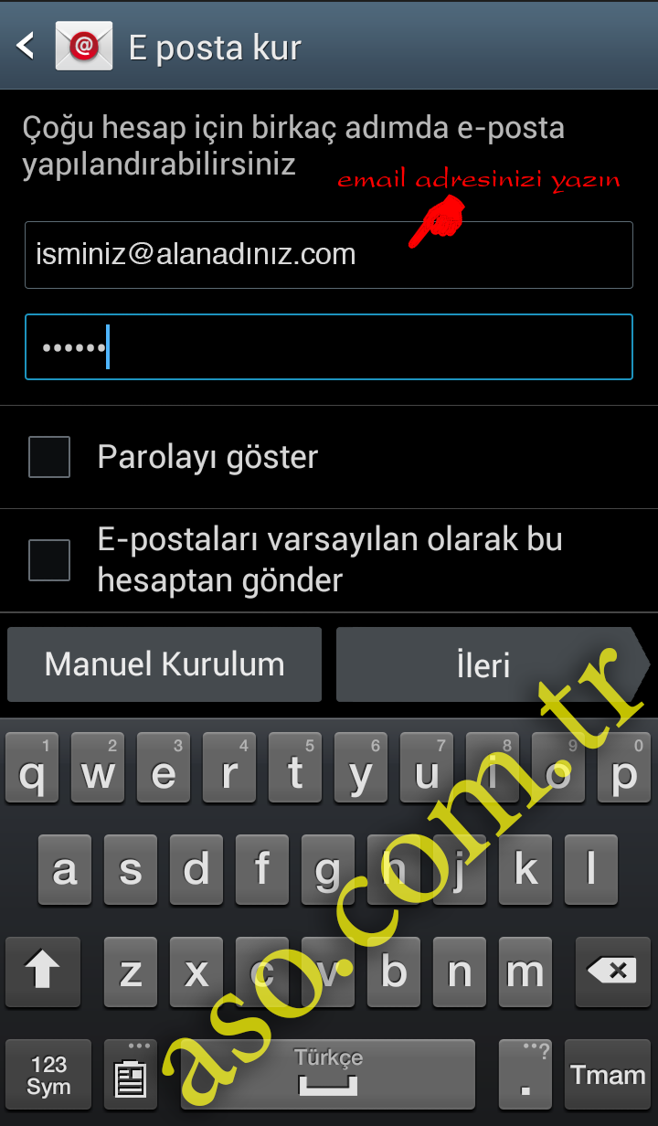 Android telefonda e-posta kurulumu: e-posta adresi ve şifre ekranı