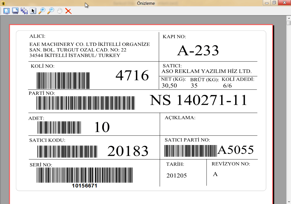 Barkod Etiket Pro ile hazırlanmış Code 39 barkodlu koli etiketi örneği