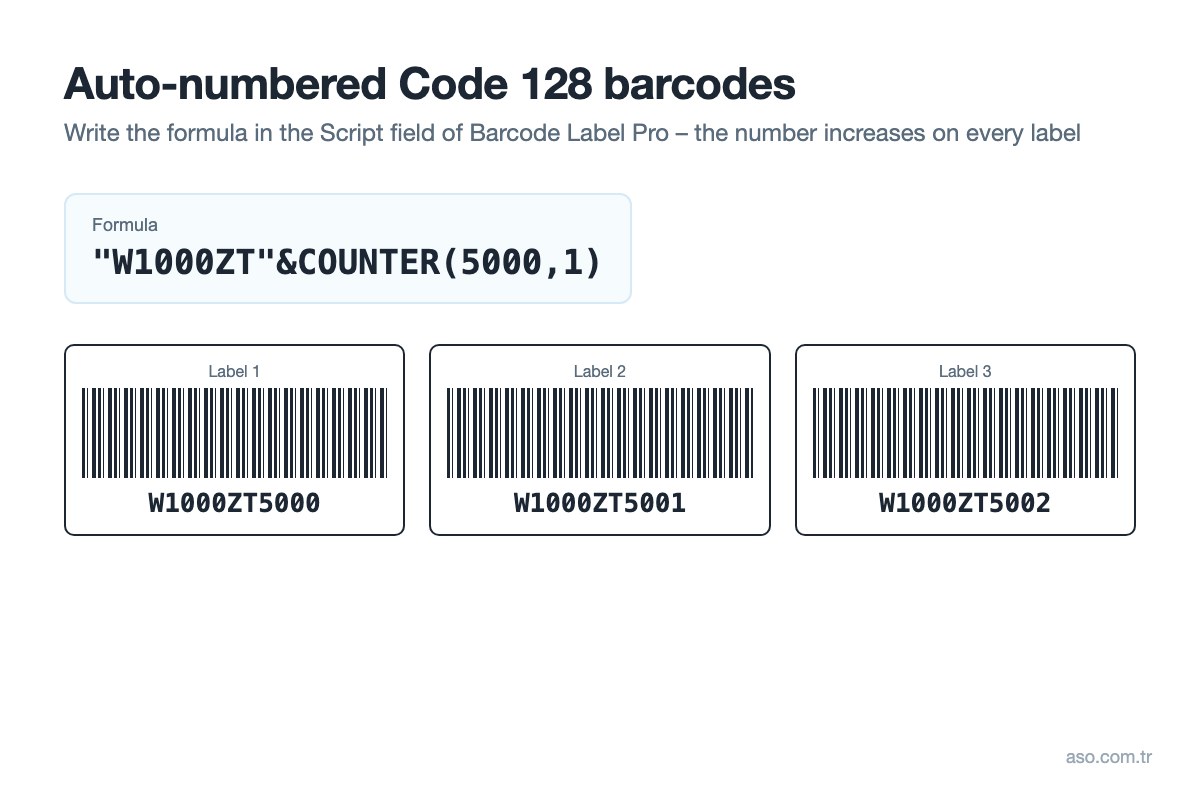 Auto-numbered Code 128 barcodes: W1000ZT5000, W1000ZT5001, W1000ZT5002