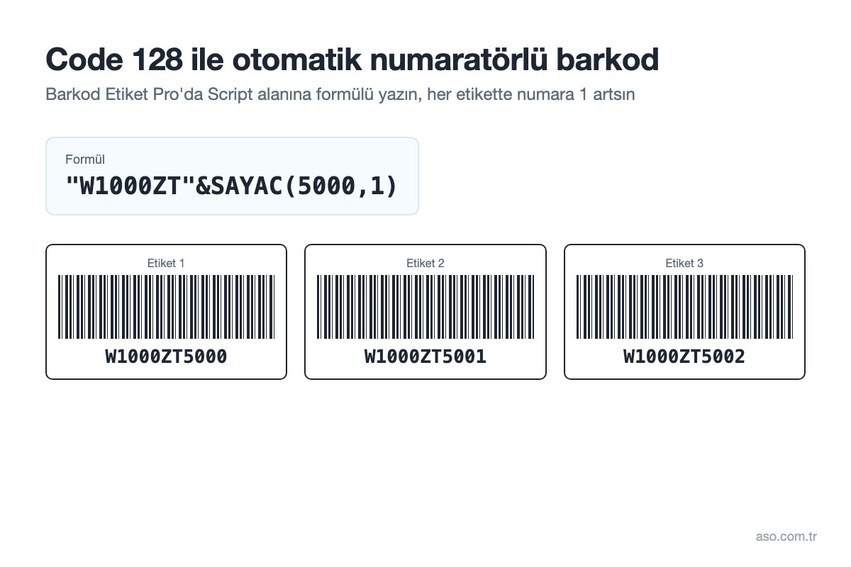 Code 128 otomatik numaratörlü barkod: W1000ZT5000, W1000ZT5001, W1000ZT5002