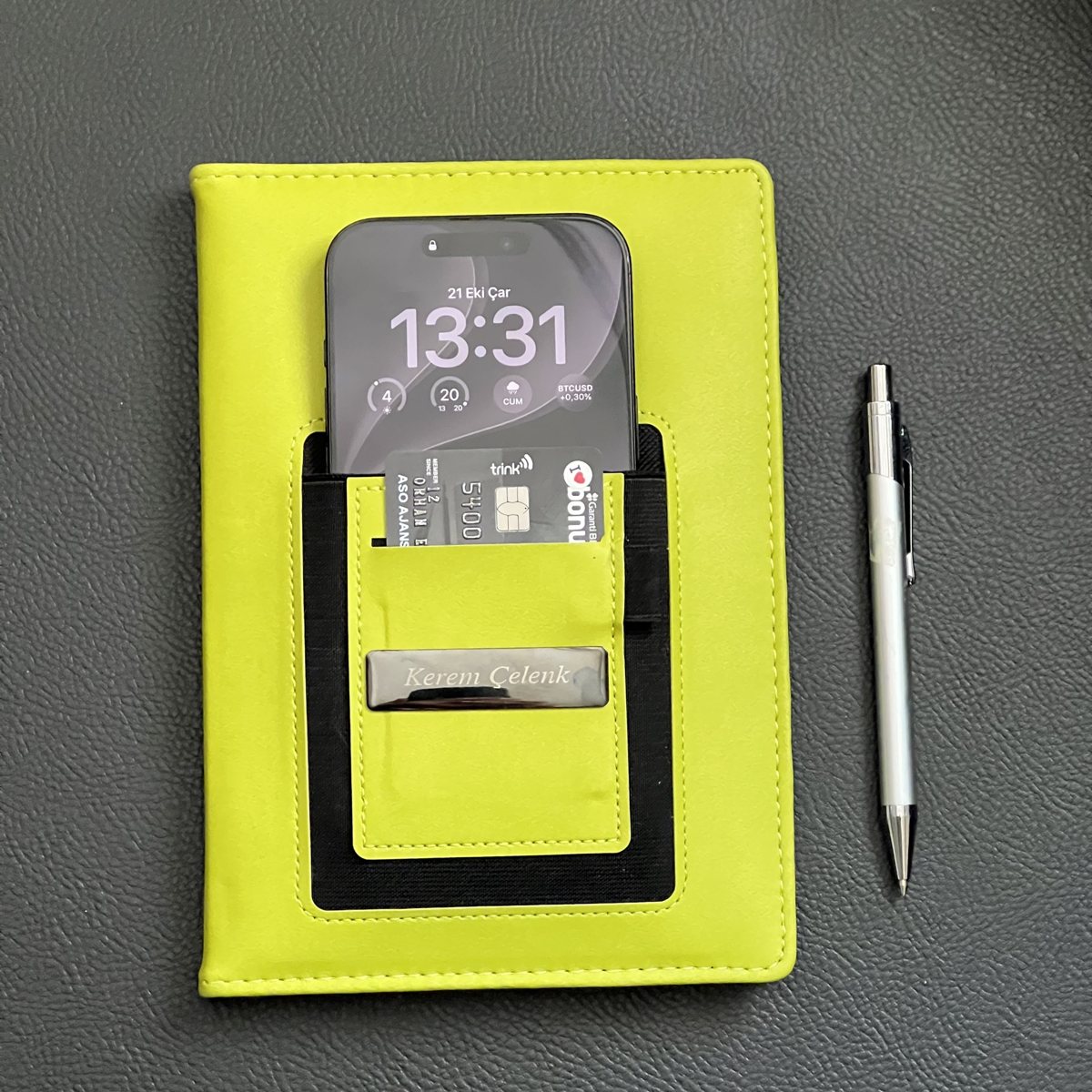 Logo-printed promotional notebook and pen set: A5 notebook with phone and card pocket and laser-engraved metal pen